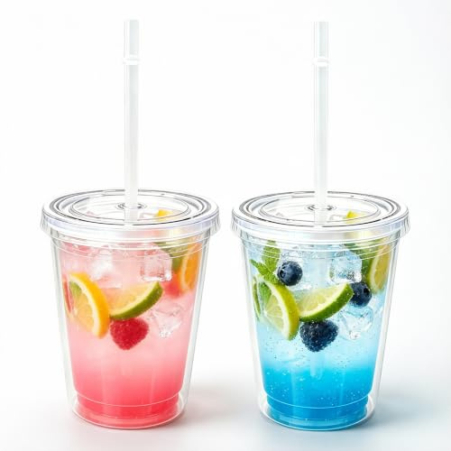 2 vasos reutilizables de plástico duro con tapa y pajita, 350 ml, doble pared, vasos de plástico transparente con pajita, vasos de fiesta reutilizables para zumo de frutas, batidos, café, café helado