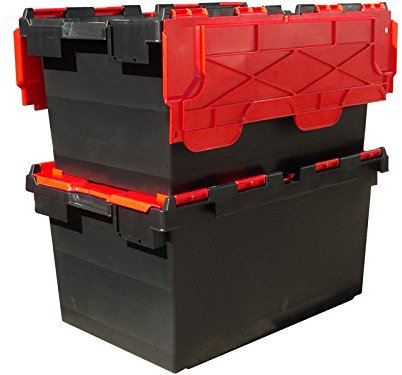 Plastor 2 x Large Plastic 80 Litre Heavy Duty Storage Boxes (71 x 46 x 36.8cm) Black and Red LC3 Crates with Attached Hinged Lids