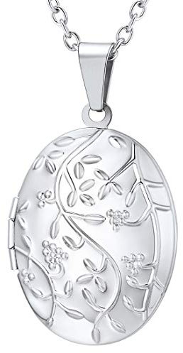U7 Blumen Zweig Oval Medaillons für Damen Retro Medaillon zum Öffnen für Bilder Foto Halskette Anhänger Amulett Souvenir Rosenquarz Kette Kettenanhänger Mode Schmuck für Weihnacht Oktoberfest