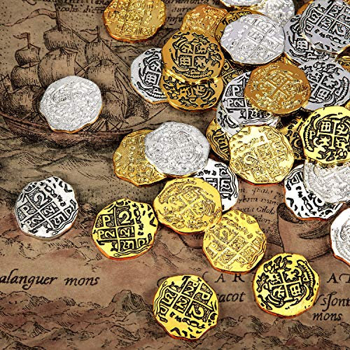 HICARER 60 Stück Metall Piraten Münzen Spanische Dublonen Repliken Piraten Münzen Schatzmünzen Spielzeug für Gastgeschenke Dekorationen (Farbset 1, 60 Stück)