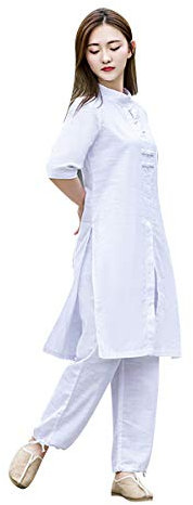 KSUA Damen Tai Chi Anzug Leinen Kampfkunst Anzug Yoga Anzug Traditioneller chinesischer Meditationsanzug mit halben Ärmeln für Kung Fu Wing Chun, Weiß EU XL/Etikett XXL