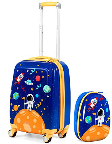 GOPLUS Kinderkoffer mit Rucksack, Kids Trolley, Kindergepäck mit Rollen, Reisekoffer mit Teleskopgriff, Hartschalenkoffer für Kinder, Kindertrolley Farbwahl (Astronauten, 12+18)