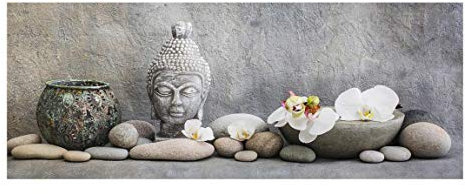 Glasbild - Zen Buddha mit weißen Orchideen - Panorama 50 x 125cm