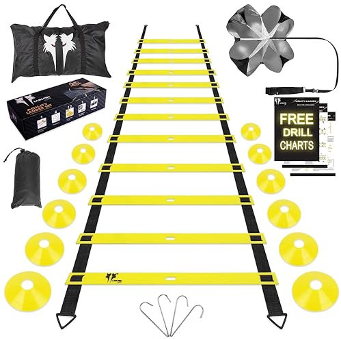 LYKAN FIT 20ft Agility Ladder with 12 Adjustable Rungs, Exercise Ladder for Agility Training to Boost Fitness & Increase Quick Footwork (Agility Training Set with Parachute)