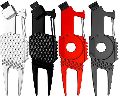 4 Pieces Golf Divot Repair Tool Golf Club Scrub Brush 5 in 1 Multipurpose Golf Tool Magnetic Ball Marker Golf Club Holder Groove Cleaner Waist Clip for Golf Accessory Tool Men Women Outdoor Sports