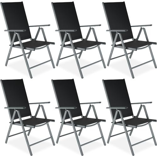 tectake® Aluminium Gartenstuhl 6er Set, Klappstuhl mit 7-facher Neigungsverstellung und hoher Rückenlehne, Gartenmöbel Set mit 6 Stühlen, klappbar, ideal für Garten, Terrasse und Balkon - anthrazit