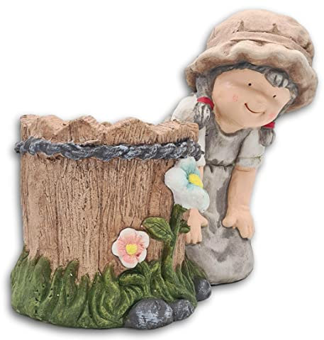 Wichtelstube-Kollektion XL Gartenfigur mit Blumentopf Luise Dekofigur Outdoor 38cm hoch 38cm breit Gartenfiguren Wetterfest für Außen Gartendeko Frühjahr Sommer