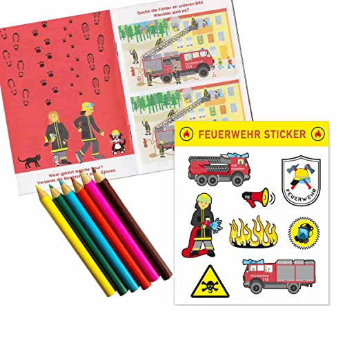 Firlefantastisch Der Partyshop Feuerwehr Mitgebselset Rätselheft + Sticker + Buntstifte // Kindergeburtstag Feuerwehr Mitgebsel // Feuerwehrgeburtstag Mitgebsel