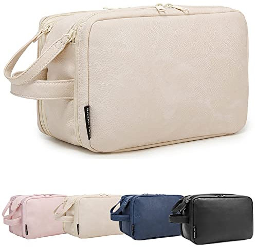 ROYALFAIR Trousse de Toilette Femme, Cosmétique Organisateur Sac, Cosmétique Sac avec Grande Capacité, Trousse de Toilette en Cuir PU imperméable, Cadeau Approprié pour Femme (Beige)