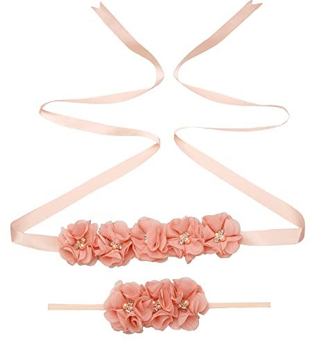 Duories Damen Hochzeit Stirnband Kleid Gürtel Set mit Strass und Perlen Brautgürtel Fotografie Requisiten Geeignet für Baby Neugeborenen Schwangere Frau Kinder Prom Geburtstag Gedenktag,Rosa C