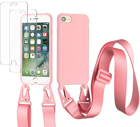 vrupin kompatibel mit iPhone 6/6S/7/8 Handykette Hülle,[2 Stück Schutzfolie 9H Härte Gehärtete Folie].Necklace Hülle Nylon Schultergurt Weich Flüssiges Silikon-dunkel pink