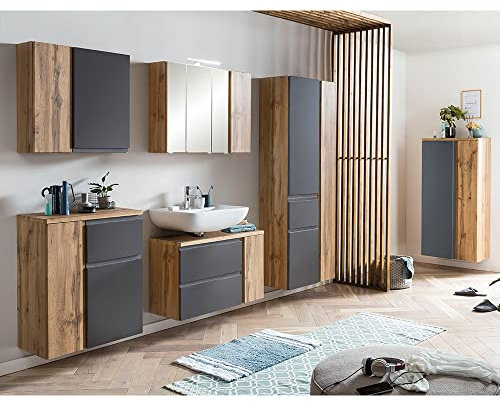 Lomadox Badezimmer Komplett Set in Wotan Eiche Nb. mit grau, LED Beleuchtung, stehend oder hängend,