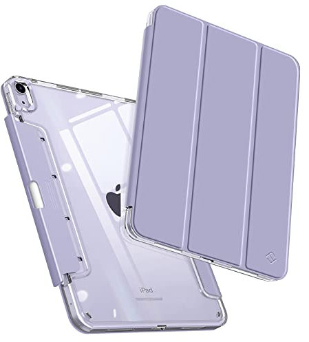 FINTIE EPAN230 Clear Case for iPad Air 5th Generation (2022) / iPad Air 4th Gen (2020) 10.9 Inch, Crystal Transparent Back Cover with Discreet Retractable Pencil Holder, Auto Wake/Sleep, Lilac Purple