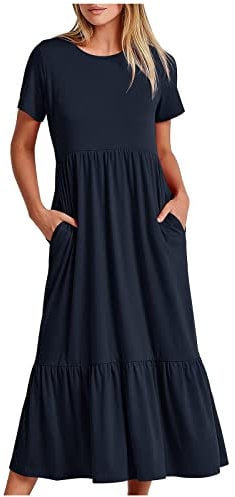 AMhomely Women Dress Sale Clearance Summer Casual Short Sleeve Crewneck Swing Flowy Tiered Maxi Beach With Pockets UK Ladies Party Elegant Club Cocktail Work Dresses, Navy, XL