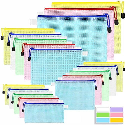 Dokumententasche A3+A4+A5+A6 (18 Stück) Dokumentenmappe Taschen mit Reißverschluss, Mesh Kunststoff Zipper Beutel für Bürounterlagen Hausaufgaben, Kosmetik und Reisen, mit 60 Aufklebern