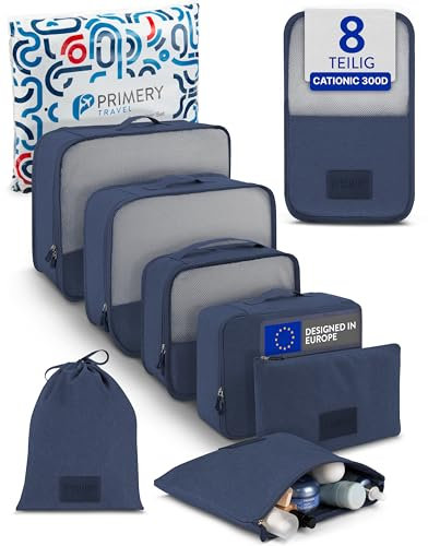 PRIMERY 8-teilige Packing Cubes Koffer Organizer (blau) - Packwürfel & Packtaschen für Urlaub & Reisen - Koffertaschen für Kleidung, Schuhe, Unterwäsche - Suitcase Reise & Travel Kleidertaschen