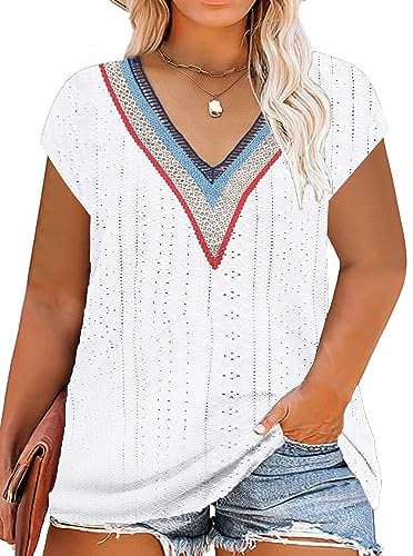 tiorhooe Große Größen T-Shirts Damen V-Ausschnitt Plus Size Mode Strick Top Sommer Oversize Frauen Tshirts