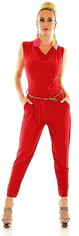 TA Fashion Damen Overall Hosenanzug Hose Jumpsuit Wasserfall Ausschnitt Flecht-Gürtel 34-38 (Dunkelrot-Uni)