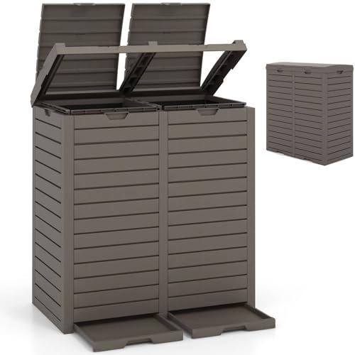TANGZON 140L Outdoor Trash Can, Resin Trash Hideaway Waste Bin with Lid, Liquid Tray & Built-in Handle, Waterproof Garbage Can Dustbin for Garden Patio Park Porch (Brown)