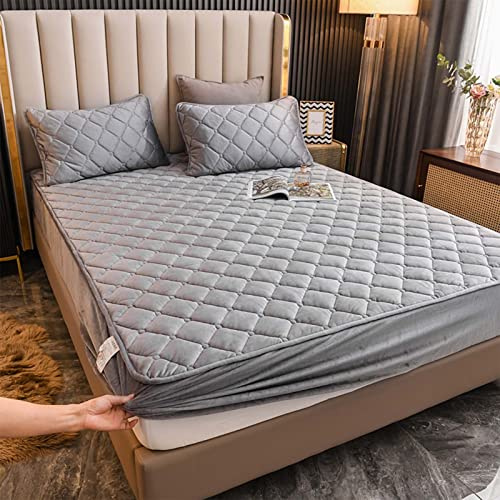 YUDEYU Draps-Housses matelassés Tissu Velours Cristal Doux protège-Matelas Lit Double Simple Superpositions de surmatelas(Gray,160x200cm/High 10-30cm)