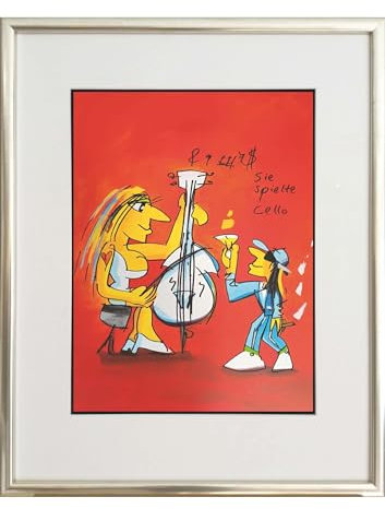Kunstverlag Christoph Falk Sie spielte Cello - Udo Lindenberg Bild - handsignierte Auflage original Grafik im silberfarbenem Rahmen hinter Museumsglas. Likörell. Siebdruck.
