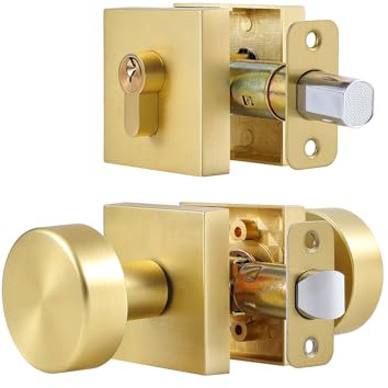 NAUBEA Exterior Gold Door Knob with Key Lock, Modern Satin Brass Lock Set, Adjustable Front Door Handle and Deadbolt Set