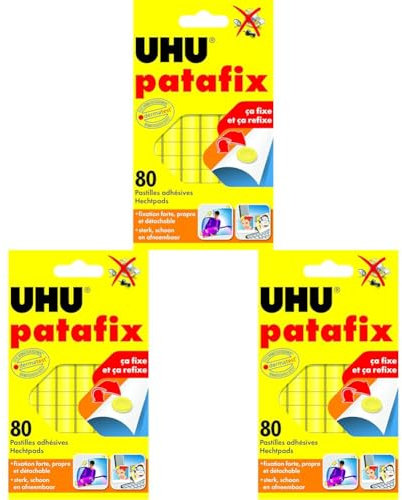 UHU Patafix originale - Pastilles adhésives prédécoupées, repositionnables, jaune, 80 pastilles (Lot de 3)