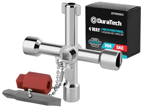DURATECH 4 Wege Multifunktionale Utilities Schlüssel mit Bit, Universal Kreuz Schaltschrank, Zinklegierung, Multifunktionsschlüssel für Schaltschränke Wasserzähler Ventil