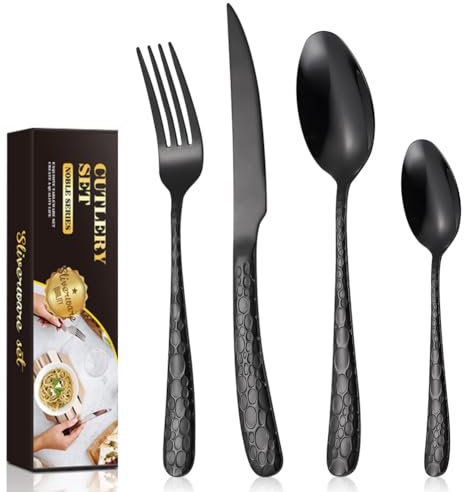 BILLION DUO Black Cutlery Set - Flatware Set 24 Pieces - Stainless Steel Knife Fork Spoon Set Dishwasher Safe & Rustproof - Highly Polished Cutlery for 6 People