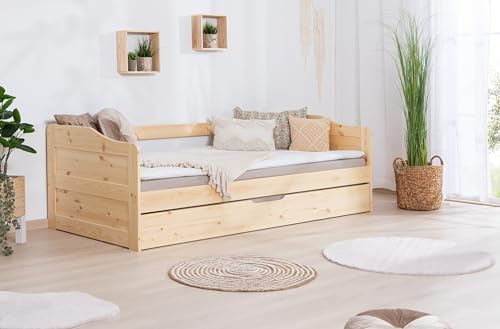 TiCAA Einzelbett Sofabett Funktionsbett, Melinda mit Zusatzbett für Schlafzimmer, Kinderzimmer Kiefer Massivholz Bettgestell 90 x 200 cm