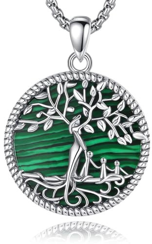 AEONSLOVE Collier Arbre de Vie Femme avec Malachite Pendentif Arbre de Vie Argent Sterling 925 pour Maman Fille Bijoux Arbre de Vie Cadeau Fête des Mères (3 enfants)