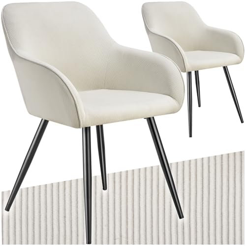 tectake® 2X Esszimmerstuhl, Sessel bequem mit Armlehne, Polsterstuhl, Cord Cocktailsessel, Loungesessel für Wohnzimmer, Esszimmer, Moderne Küchenstühle, Bürostuhl - Creme/schwarz