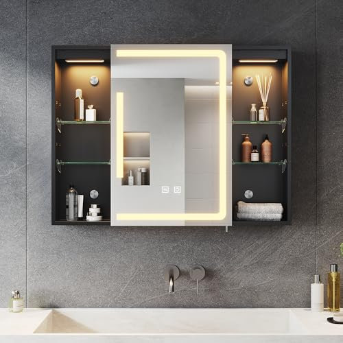 SONNI Spiegelschrank Bad mit Beleuchtung und Lagerung 80 * 60 cm, LED Spiegelschrank mit Steckdose, Dimmbar, 3 Einstellbare Lichtfarben Beschlagfrei Badezimmer Wandschrank, Medizinschrank Mattschwarz