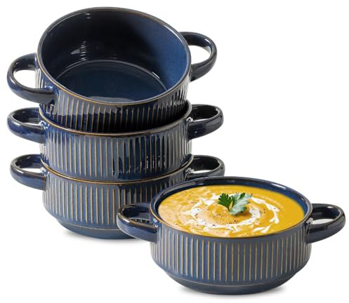 Howise Soup Bowls with Handles, 20 oz French Onion Soup Crocks, Stackable Soup Bowl Oven Safe for Chili, Beef Stew, Embossment Ceramic Bowl Set - 5.4 Inch, Set of 4，Blue