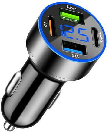HENGBIRD Zigarettenanzünder USB C 4-Port, USB Zigarettenanzünder Adapter Ladegerät Zigarettenanzünder, USB Auto Adapter mit LED Voltmeter, Duales PD30W+QC3.0 für iOS Android Tablet Allen Smartphones