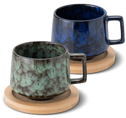 TELANKS 2er Set Espressotassen mit Holzuntertassen 190 ml aus Steingut | Dickwandige Keramik für lange Wärmespeicherung, Spülmaschinenfest für Espresso, Cappuccino, Latte, Americano & Tee