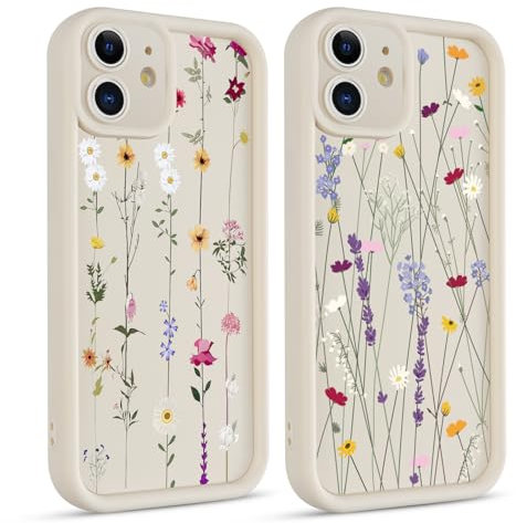 Coiwxmoi 2 Stück Handyhülle für iPhone 12 Mini Hülle, Aesthetic Blumen Blätter Muster Design Mädchen Frauen Schutzhülle, Silikon Cover Erhöhte Displayränder Case für iPhone 12 Mini 5,4, Flower
