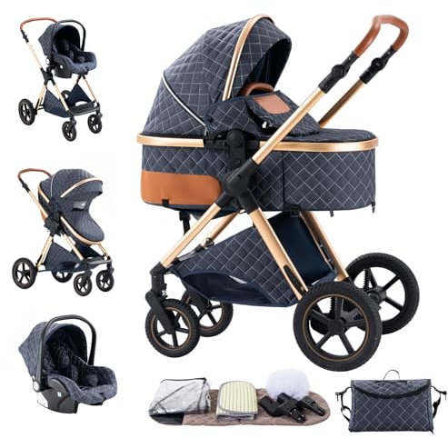 Mobayta Kinderwagen 3 in 1 Komplettset Baby Kombikinderwagen bis 22kg, Zusammenklappbar, Große Gummireifen, Großer Einkaufskorb, Warmer FußsackOrganizer Tasche (H2 BLUE, H2)