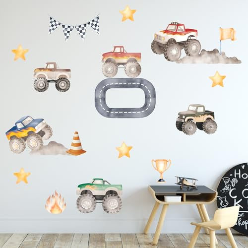 GRAZDesign Wandtattoo Set Monstertruck-Rennen – coole Trucks & Rennstrecke fürs Kinderzimmer