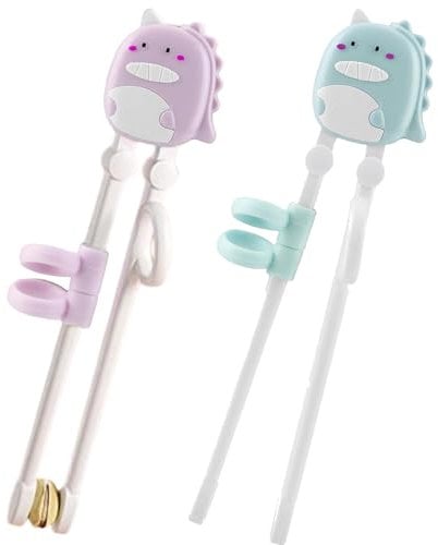 2 Pairs of Cute Dinosaur Chopsticks - Dinosaur Training Chopsticks - Reusable with Silicone Finger Ring - Ideal for Boys and Girls