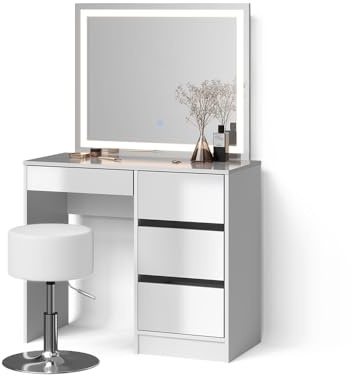 Livinity Schminktisch Imola, Weiß | ✓ LED-Spiegel · ✓ Hocker · 4 Schubladen · Freistehend · Grifflose Optik