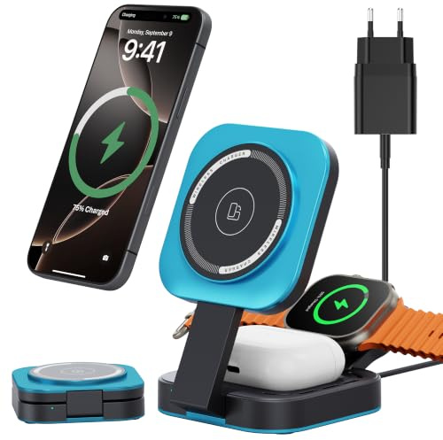 Carga inalámbrica 3 en 1 para Apple Dispositivo, Mini Estación Carga Plegable para Magsafe para iPhone 17/Air/16/15/14/13/12 Serie, Apple Watch Serie y AirPods Pro/2/3/4(Adaptador Incluido) (Azul)