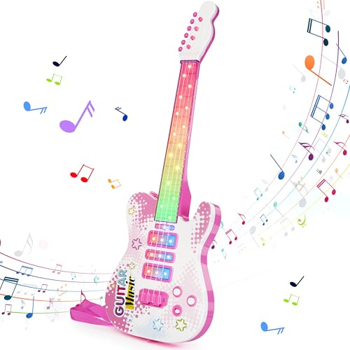 Guitare rose pour enfants de 3 ans, cadeau d'anniversaire, guitares électriques avec 4 cordes lumineuses pour enfants de 3, 4, 5 ans, garçons et filles