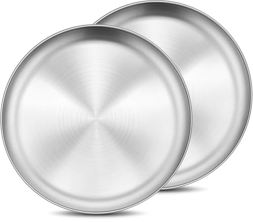 Bhina 2 Unidades Plata Platos Redondos de Acero Inoxidable para Camping, Bajos Plate de Metal, Platos Redondos de Diferentes Tamaños Servir Plato Duraderos para Picnic Cocina Fiestas(34cm)