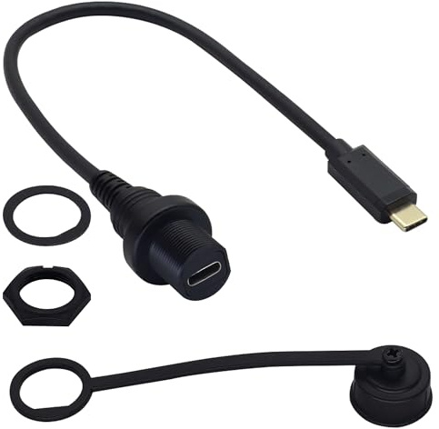 zdyCGTime USB-C 3.1 10Gbps Mâle à Femelle Câble D'extension Intégré,Panneau Rond étanche à L'eau et à la Poussière,Compatible Avec Les Surfaces de Tableau de Bord de Voiture,Bateau. (12 Pouces/30CM)