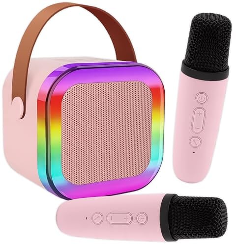 KRUMAD Bluetooth Lautsprecher mit Mikrofon für Kinder, Karaoke Maschine, Spielzeug ab 3 Jahre, Musikbox mit LED Lichtern, Partybox Geschenk für Mädchen, Kabelloses Karaoke Mikrofon