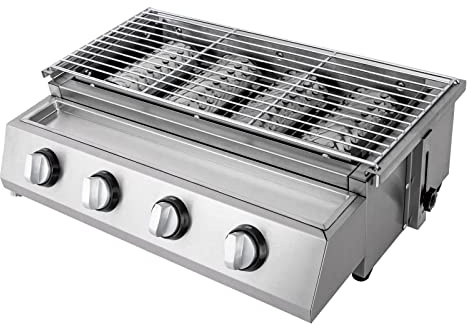 4 Brenner Edelstahl Kleiner Gasgrill, LPG Gasgrill Gasbräter Tischgrill mit Höhenverstellbar 0-7cm und Elektronische Zündung für Camping, Balkon, Garten 55.8 * 23.2cm