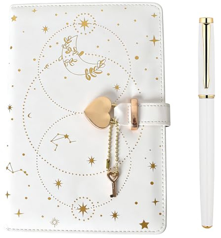 Ziyonix A5 Notebook Heart Padlock, 192 Pages Heart Lockable Journal notebook A5 Refillable Notebook with Lock Starry Leather Journal with Lock with Pen for Boys Girls Office School and Travel (White)
