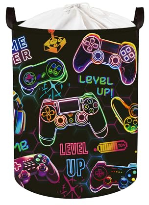 HUUMONSS Gaming Groß Wäschekorb Spielekonsolen-Controller Stoff Aufbewahrungskorb Kleidung Spielzeug Aufbewahrungsbox für den Heimgebrauch/den Außenbereich, Schwarz, 63L