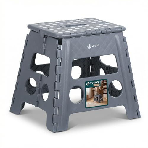 VOUNOT® Tabouret Pliant Portable Marchepied Pliable Antidérapant avec Poignée Tabouret Escabeau Compact pour Cuisine Salle de Bain Jardin Camping 37 x 30 x 32.5 cm Gris